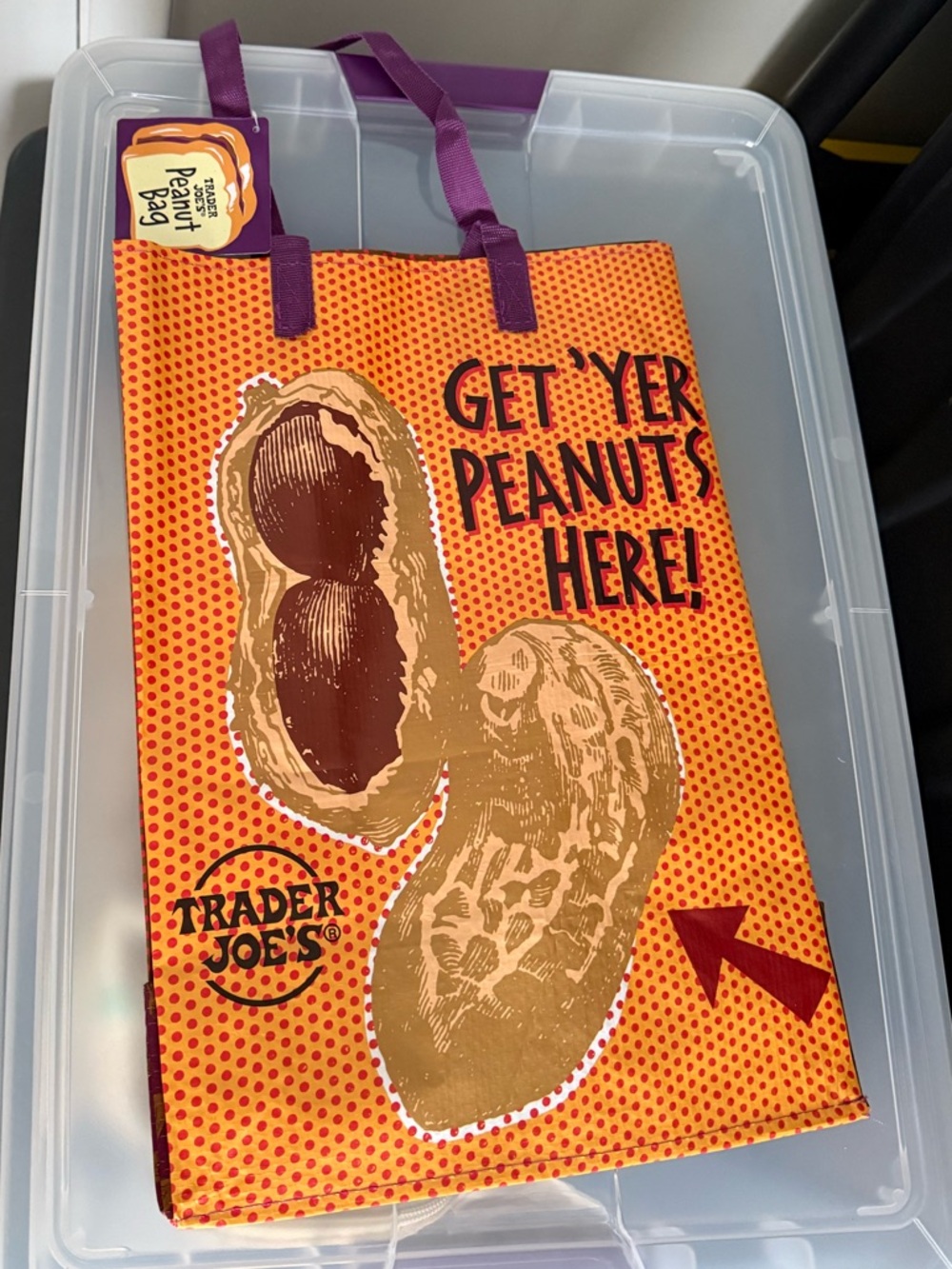 Trader Joe's "Get Yer Peanuts Here!" Reusable Tote - Orange & Purple